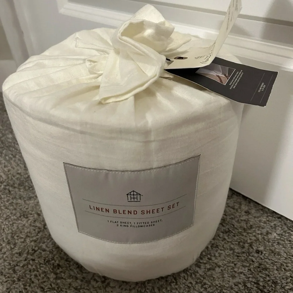 LAST ONE 4pc King Linen Blend with Hem Stitch Sheet Set Sour Cream Hearth & Hand
